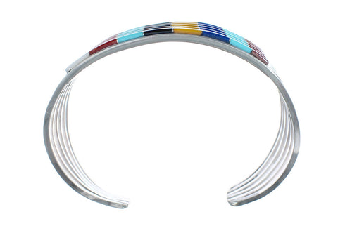 Multicolor Inlay Genuine Sterling Silver Zuni Cuff Bracelet JX123916